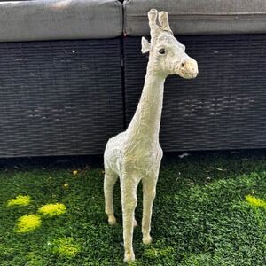 VTG 17" White Giraffe Statue Paper‎ Mache Hand Sewn Patchwork Fabric Sculpture